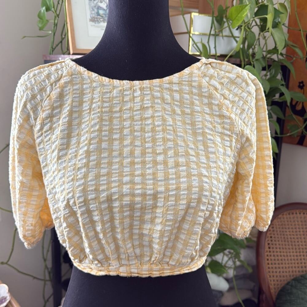 Urban Outfitters Yellow Gingham Cropped Pouf Shoulder Preppy Back Tie Top